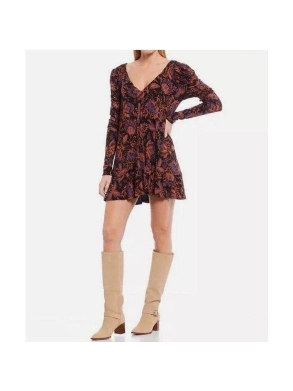 Free People Hello Lover Ruched Mini Dress Large Stretch Boho Festival Feminine